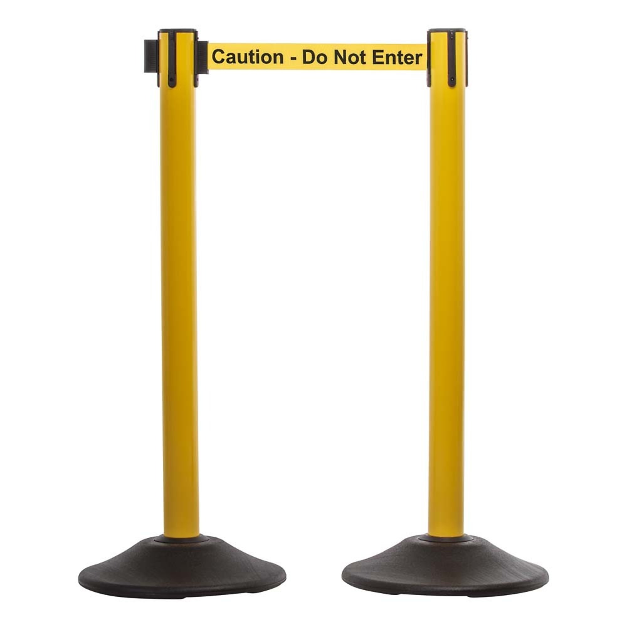 US Weight Heavy-Duty Steel Stanchion Set — 38.5in. Height, 7.5ft. Caution Belt, Scratch-Resistant Base, Yellow, 2-Pack, Model# U2104CAU2